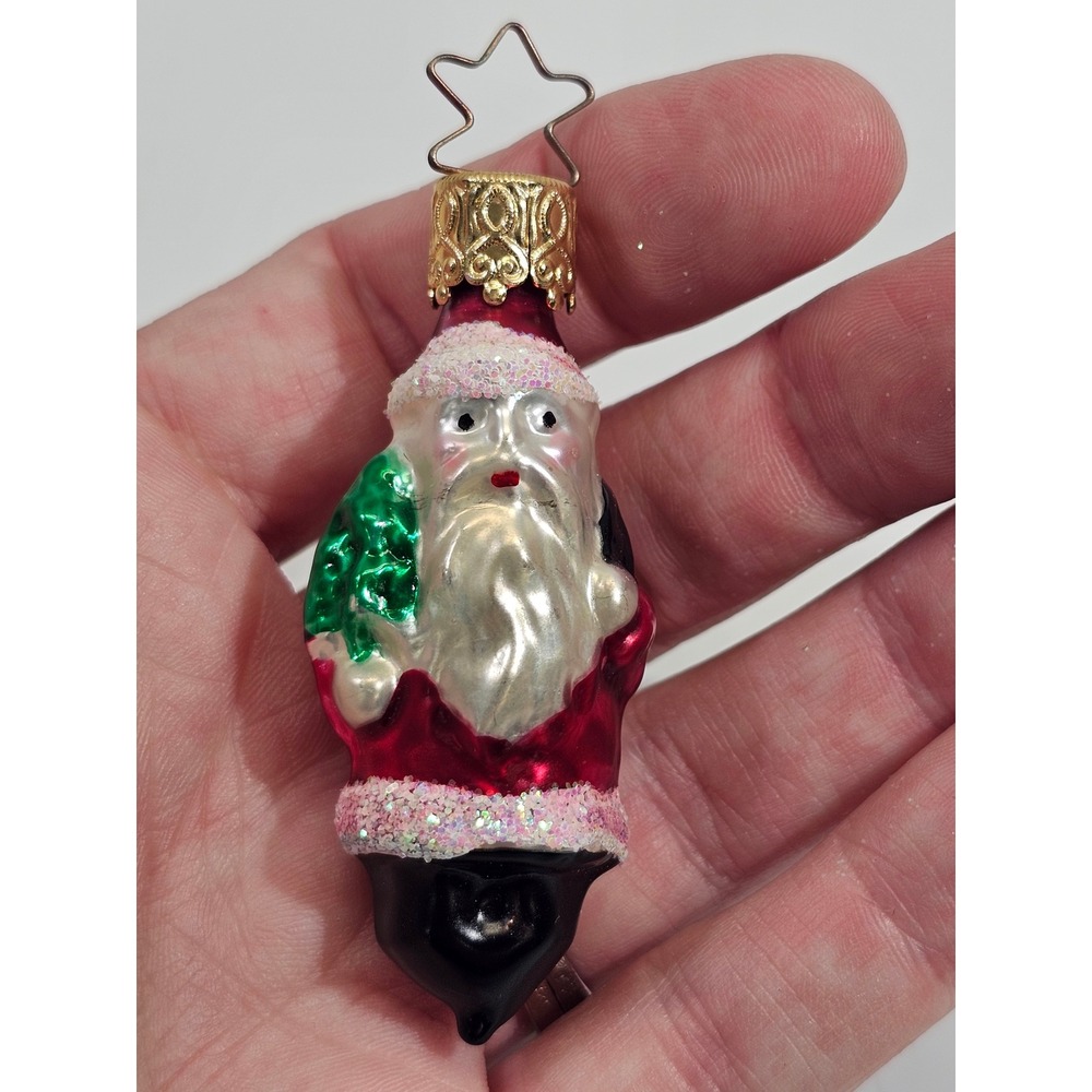 Inge-Glas Mini Santa Claus Glass Ornament Germany Red Glitter Vintage Christmas